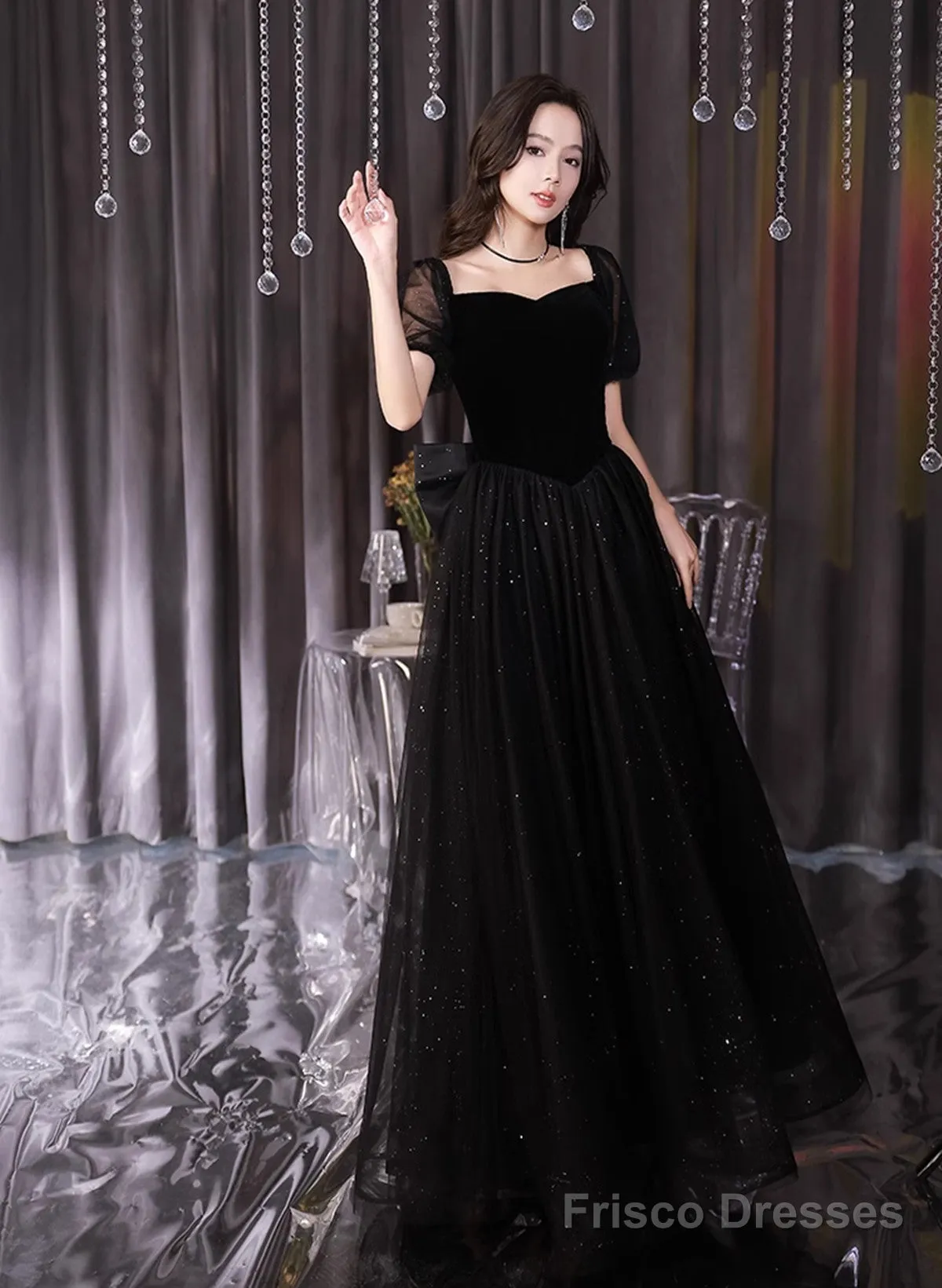 A-Line Black Tulle And Velvet Short Sleeves Prom Dress, Black Evening Dress