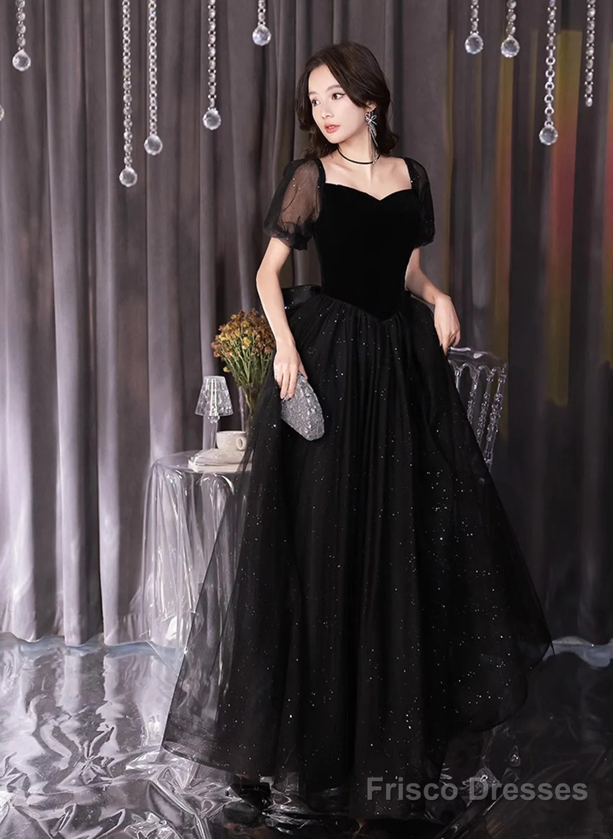 A-Line Black Tulle And Velvet Short Sleeves Prom Dress, Black Evening Dress