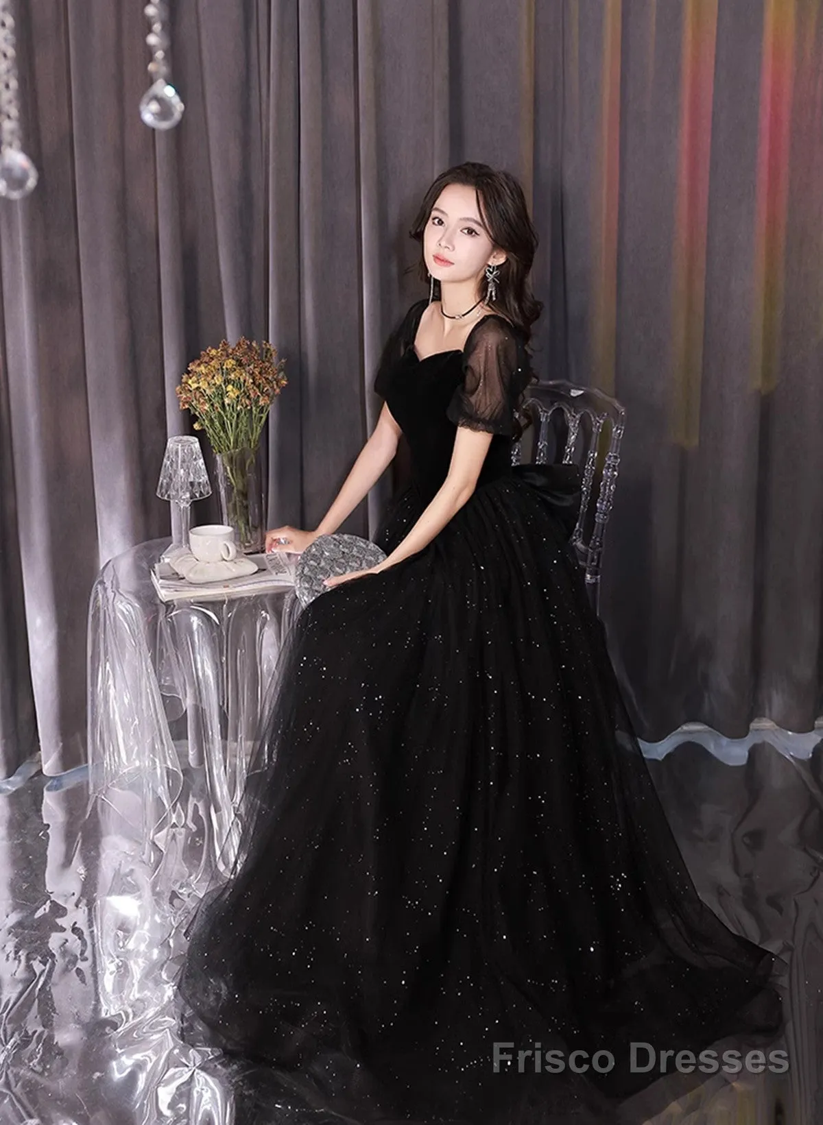 A-Line Black Tulle And Velvet Short Sleeves Prom Dress, Black Evening Dress