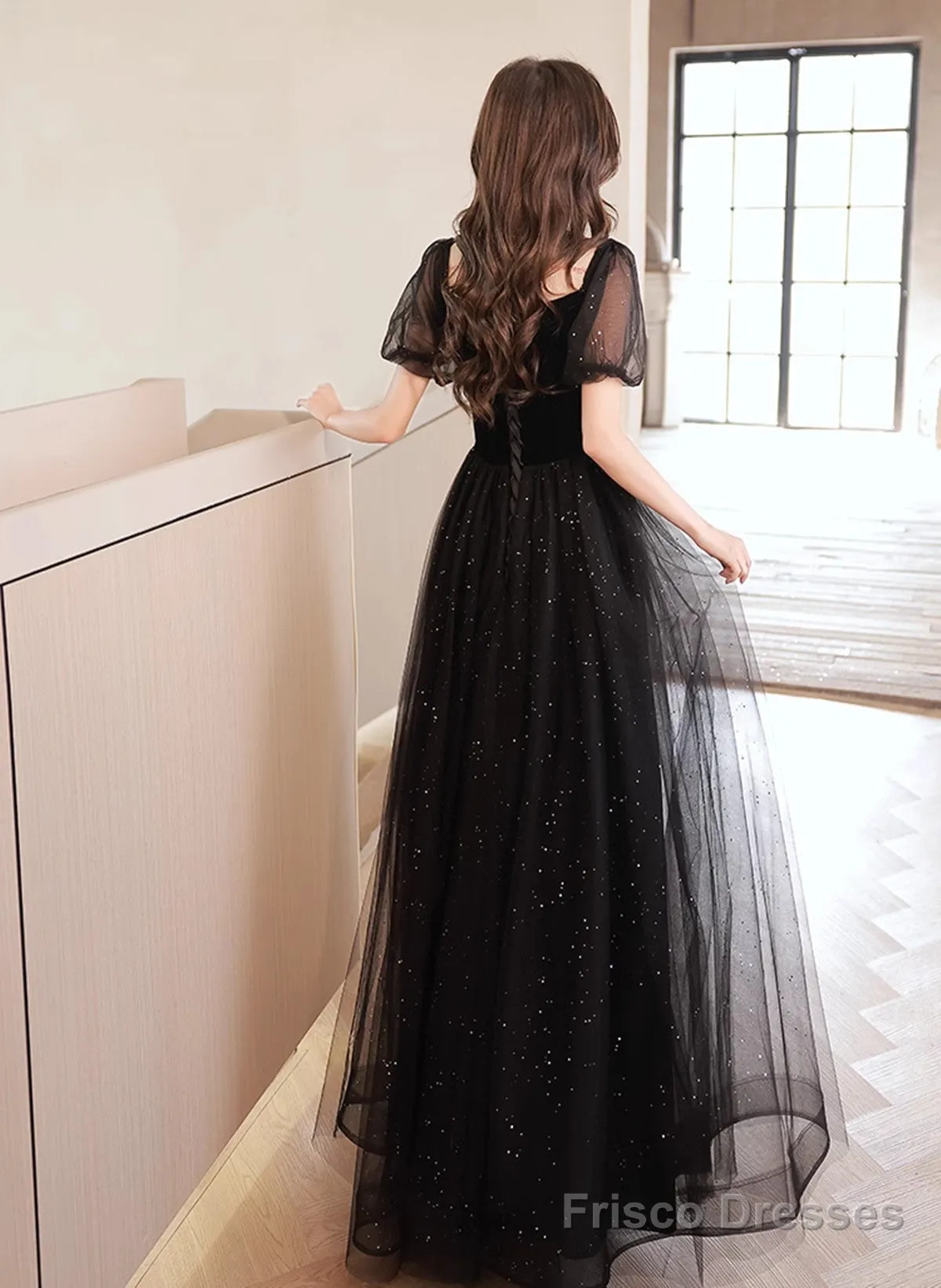 A-Line Black Tulle And Velvet Short Sleeves Prom Dress, Black Evening Dress