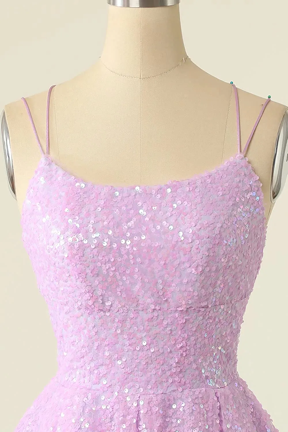 A-Line Prom Dresses Sequin Spaghetti Straps Square Sleeveless