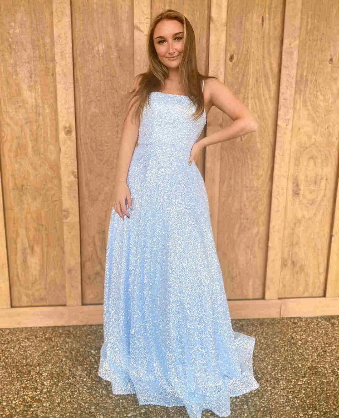A-Line Prom Dresses Sequin Spaghetti Straps Square Sleeveless