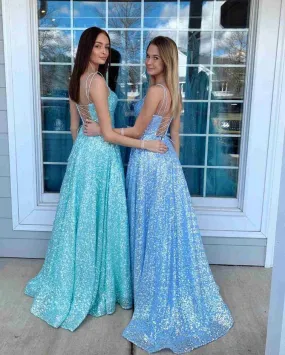 A-Line Prom Dresses Sequin Spaghetti Straps Square Sleeveless