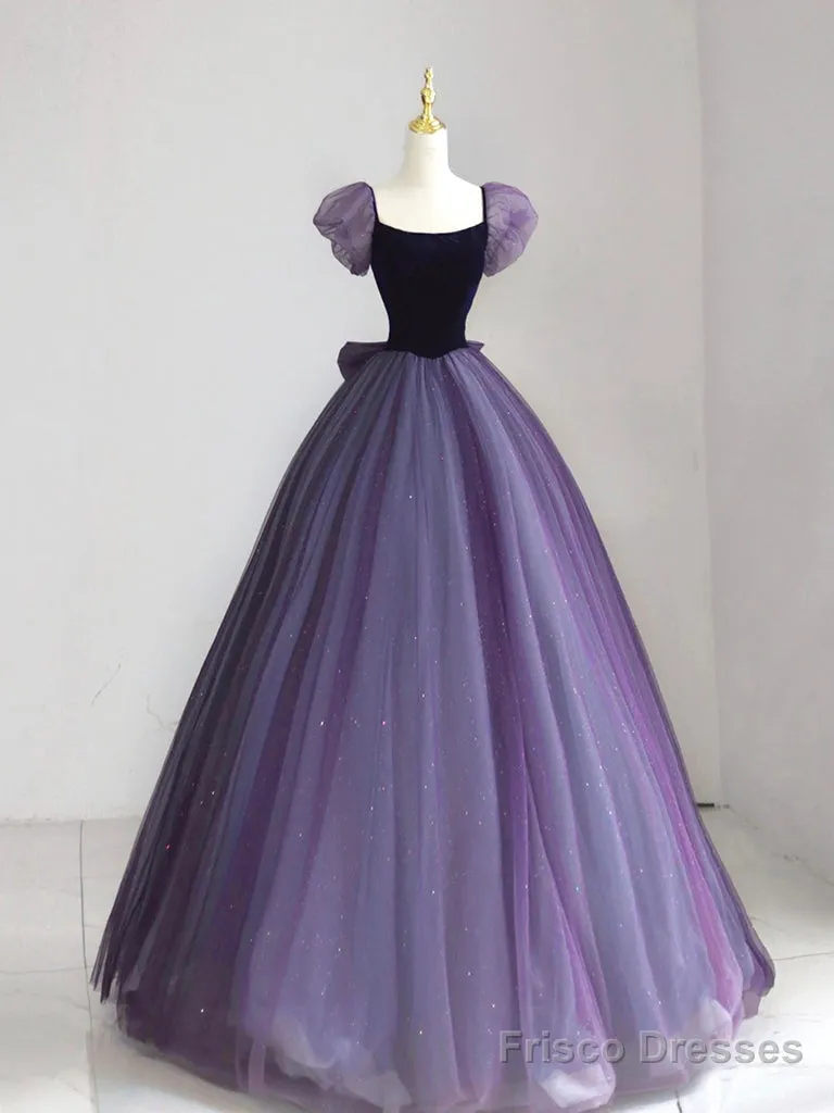 A-Line Puff Sleeves Tulle Velvet Purple Long Prom Dress, Purple Long Formal Dress