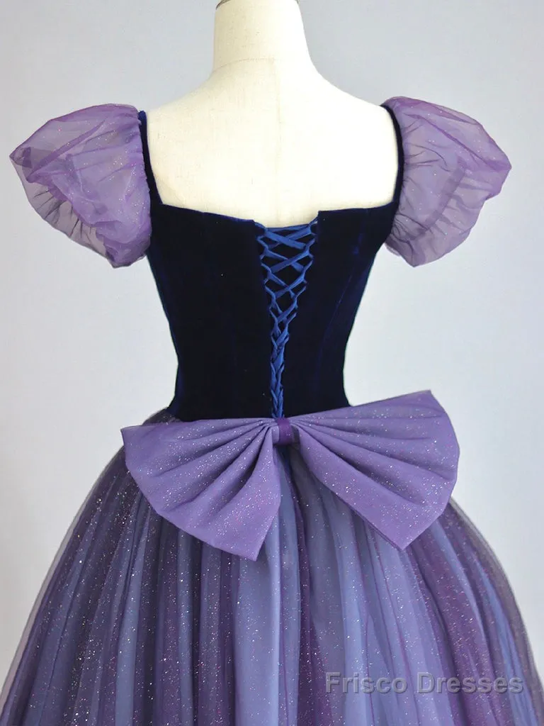 A-Line Puff Sleeves Tulle Velvet Purple Long Prom Dress, Purple Long Formal Dress