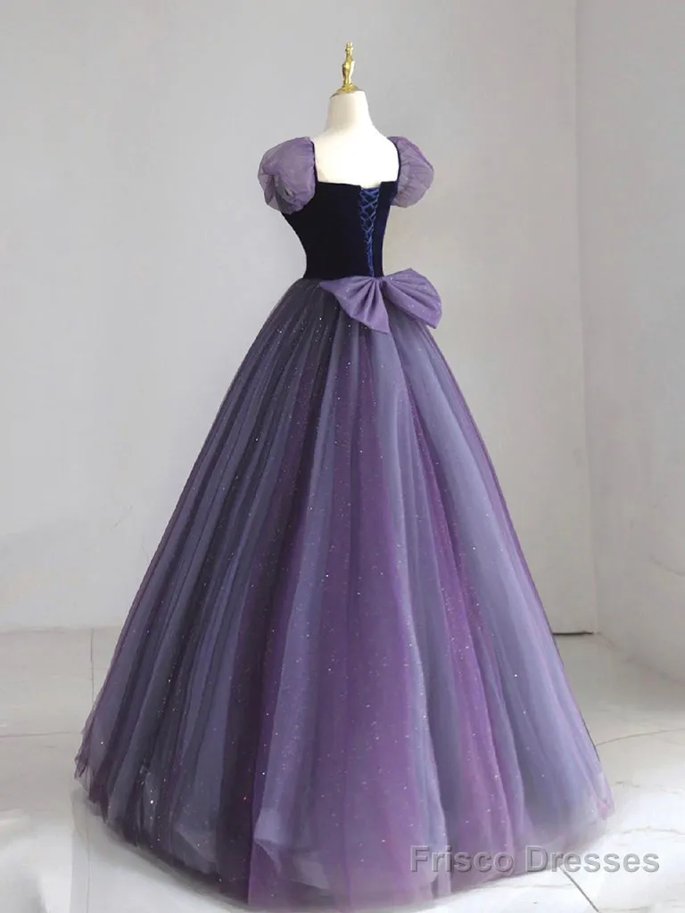 A-Line Puff Sleeves Tulle Velvet Purple Long Prom Dress, Purple Long Formal Dress