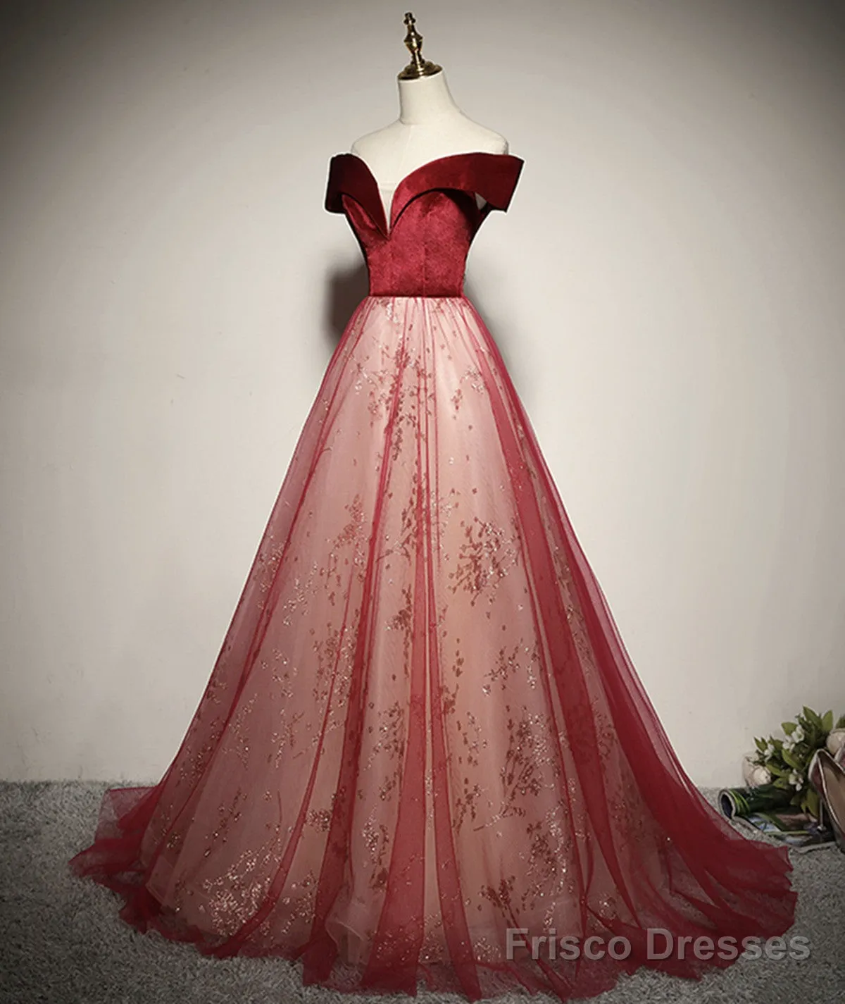 A-Line Red Tulle And Velvet Off Shoulder Long Prom Dress, Red Evening Dress