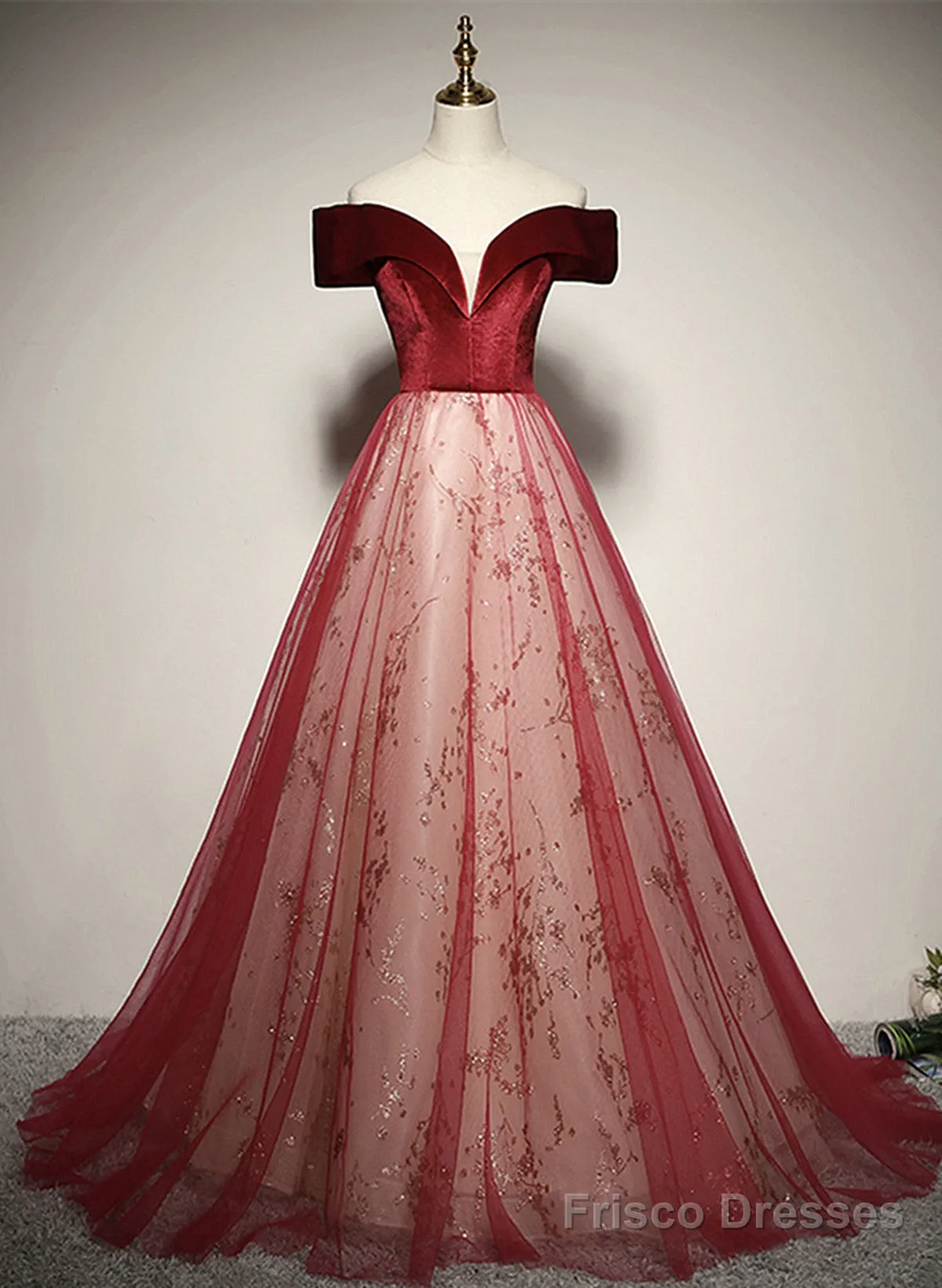 A-Line Red Tulle And Velvet Off Shoulder Long Prom Dress, Red Evening Dress