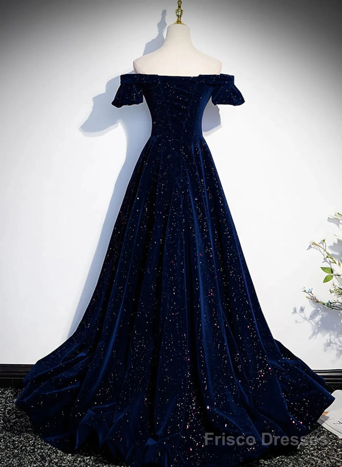 A-Line Simple Navy Blue Velvet Off Shoulder Prom Dress, Navy Blue Evening Dress