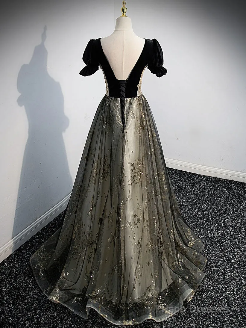 A line Velvet Tulle Lace Black Long Prom Dress, Black Formal Graduation Dresses