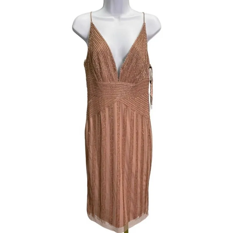 Adrienne Papel Rose Gold Beaded Dress Size 4 New