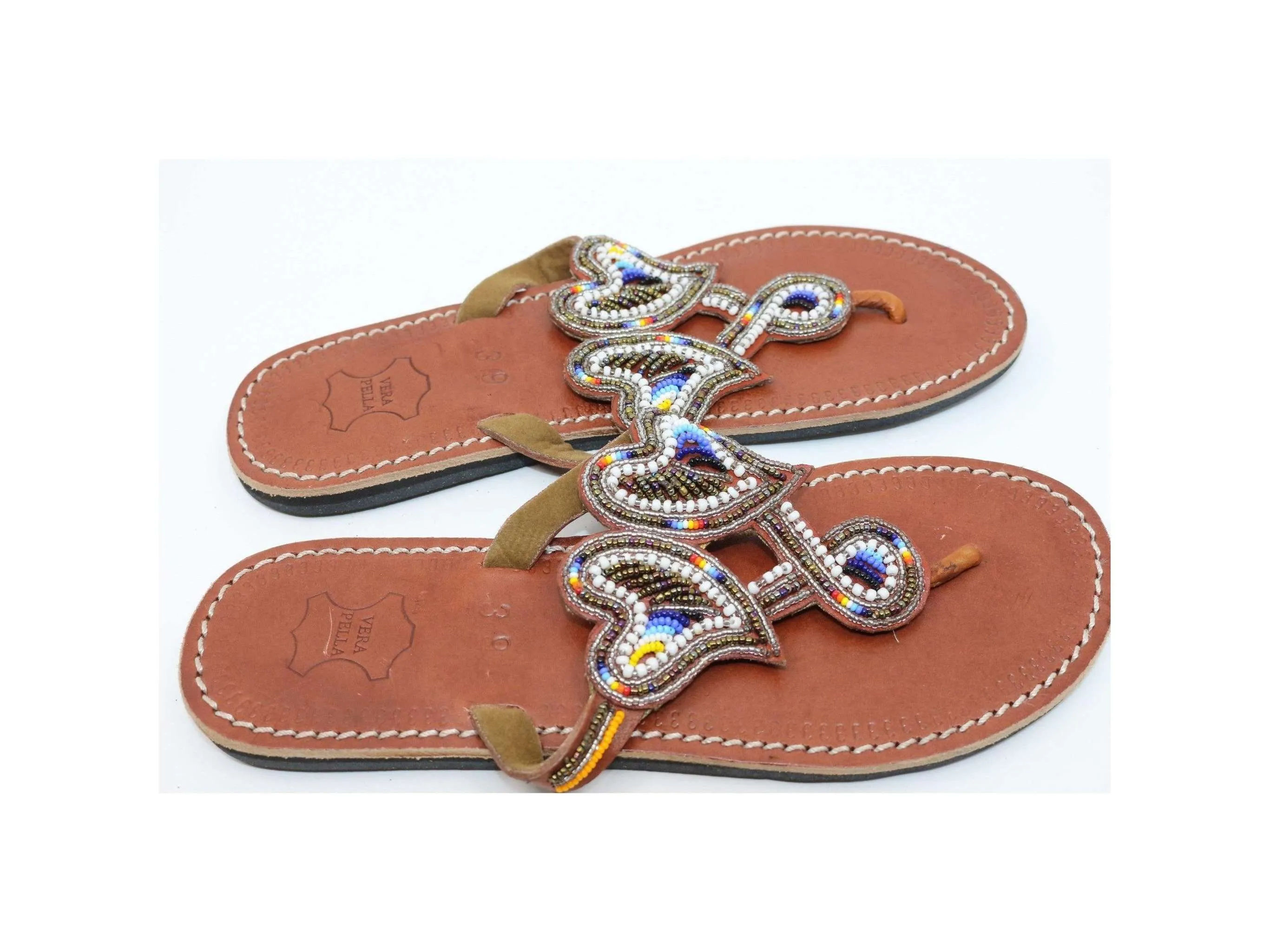 African leather beaded sandals flat