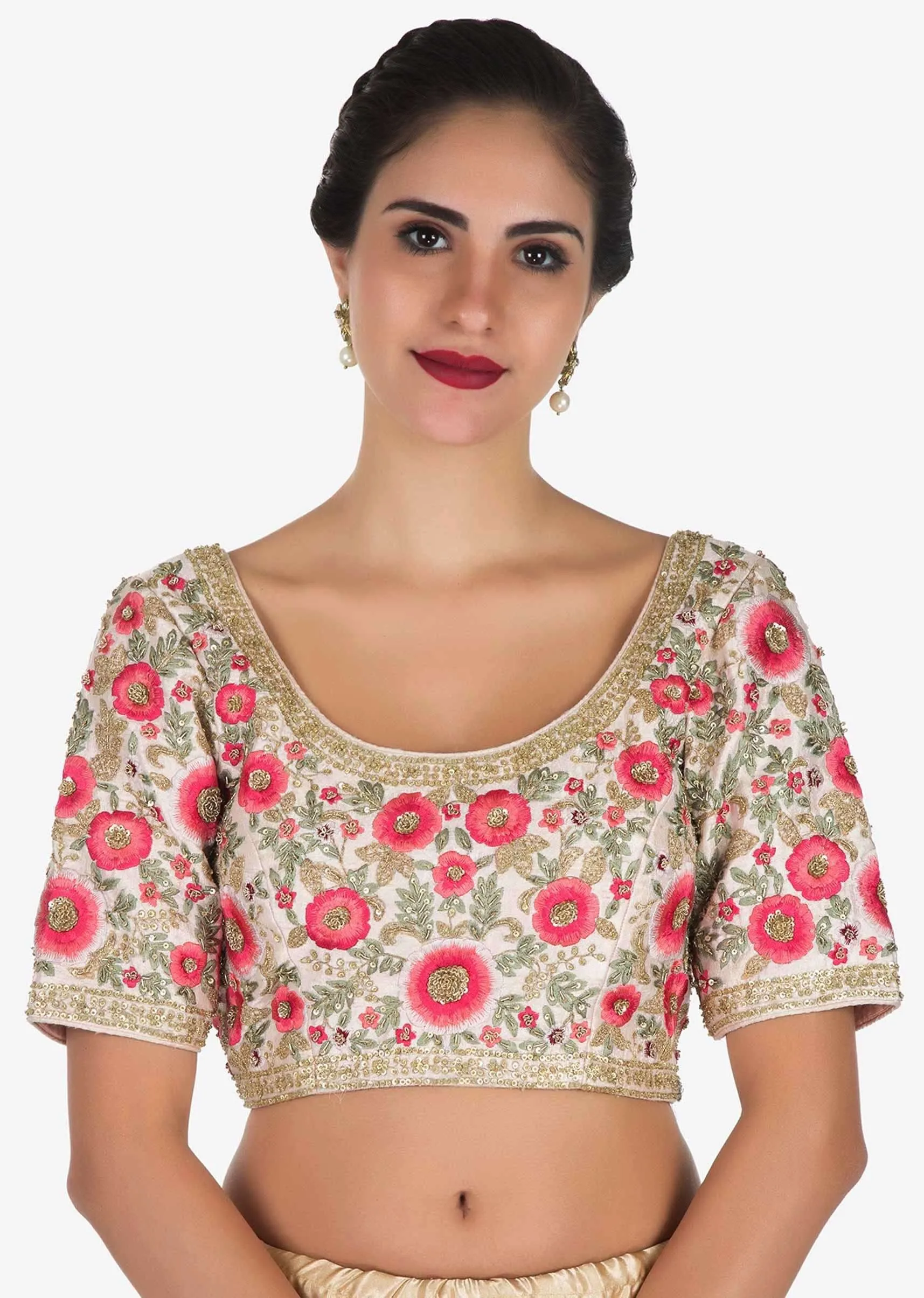 Baby pink saree in net with a ready raw silk blouse beautified in resham work only on Kalki
