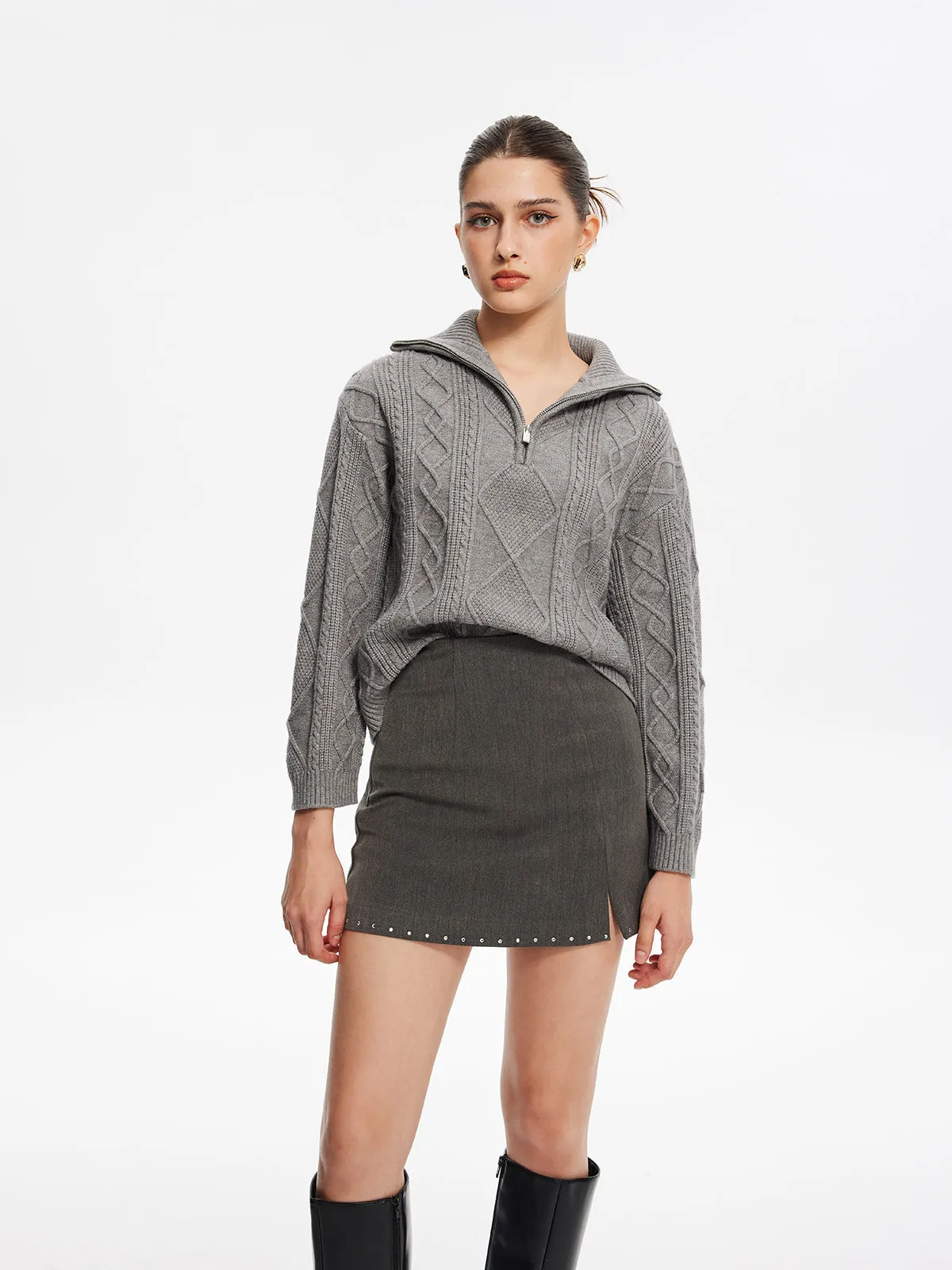 Beaded Trim Side-Zipper Mini Skirt