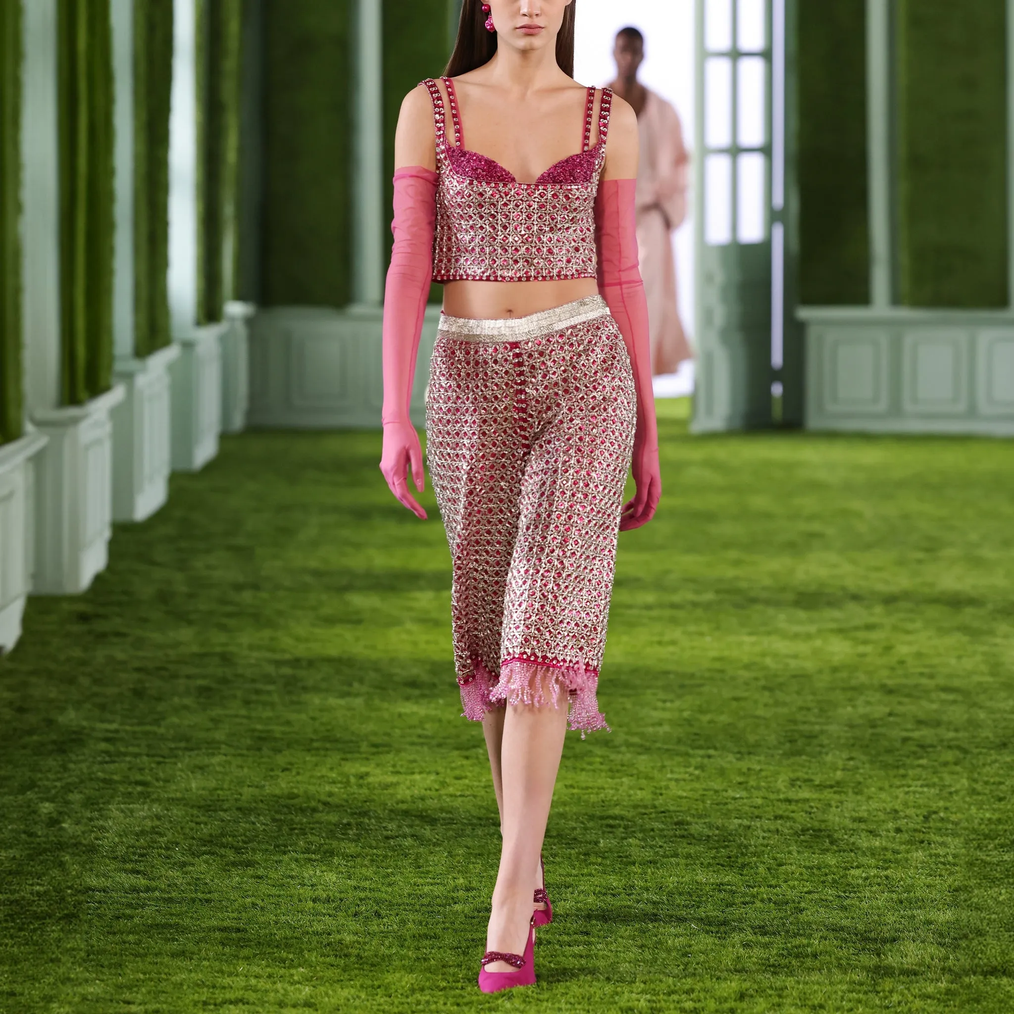 Beaded Tulle Crop Top with Skirt