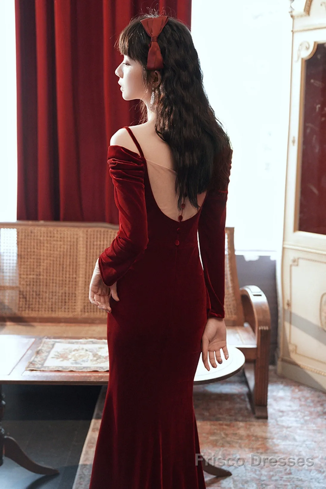 Beautiful Wine Red Velvet Off Shoulder Party Dress, Mermaid Long Prom Dress Evening Dress
