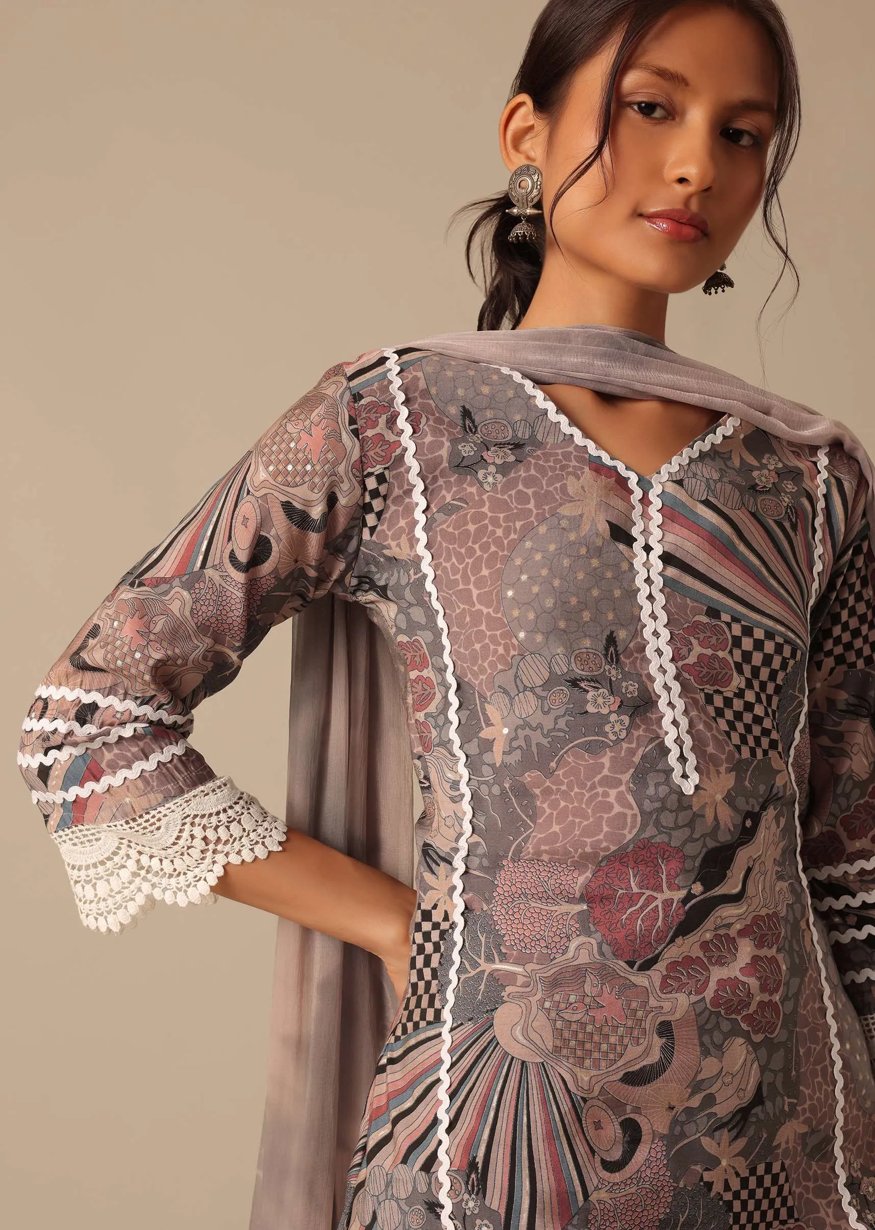 Beige Abstract Print Kurta And Pant Set With Crochet Trims