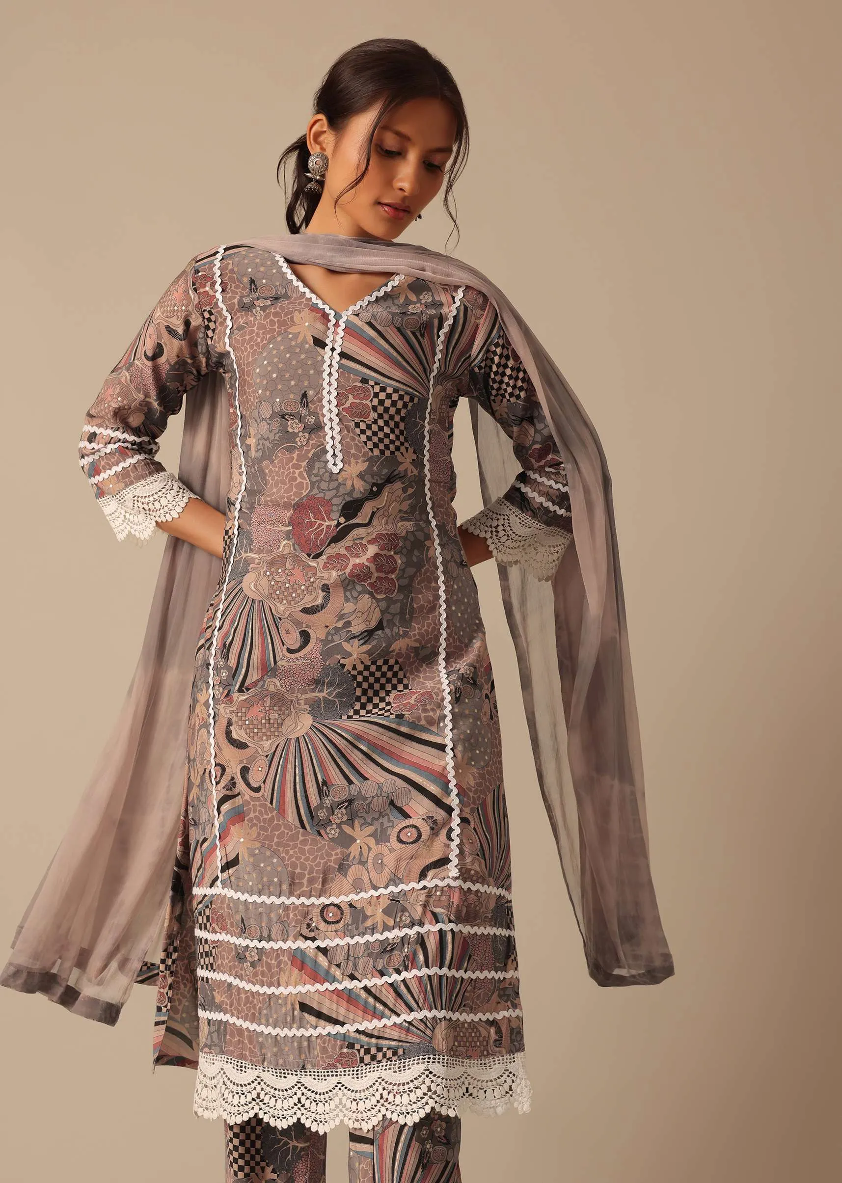 Beige Abstract Print Kurta And Pant Set With Crochet Trims