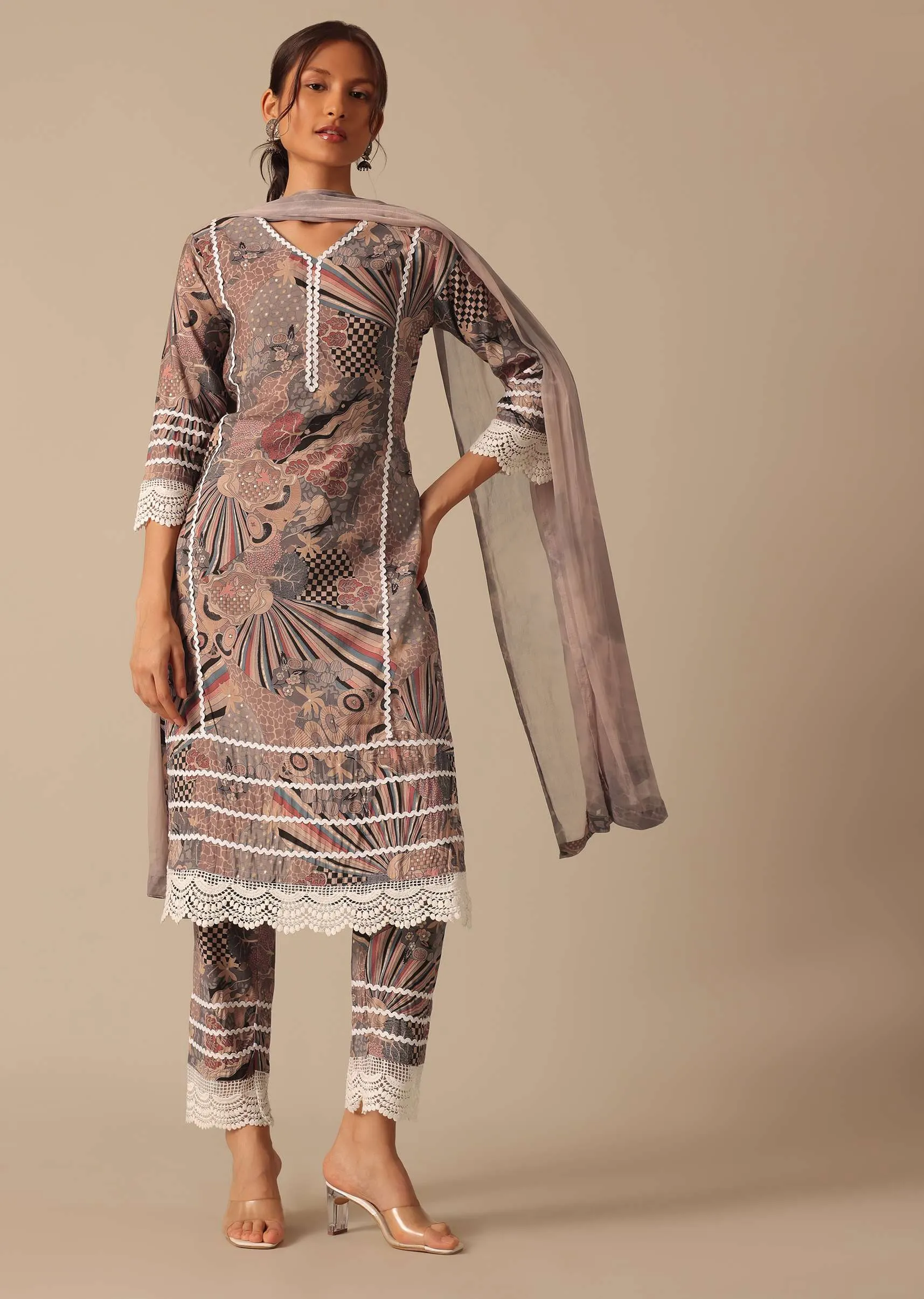 Beige Abstract Print Kurta And Pant Set With Crochet Trims