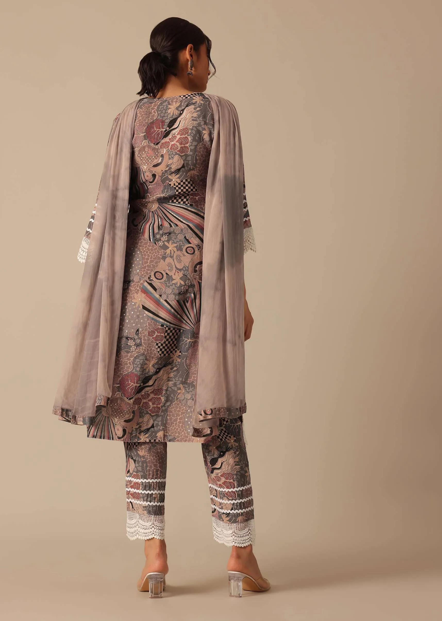 Beige Abstract Print Kurta And Pant Set With Crochet Trims