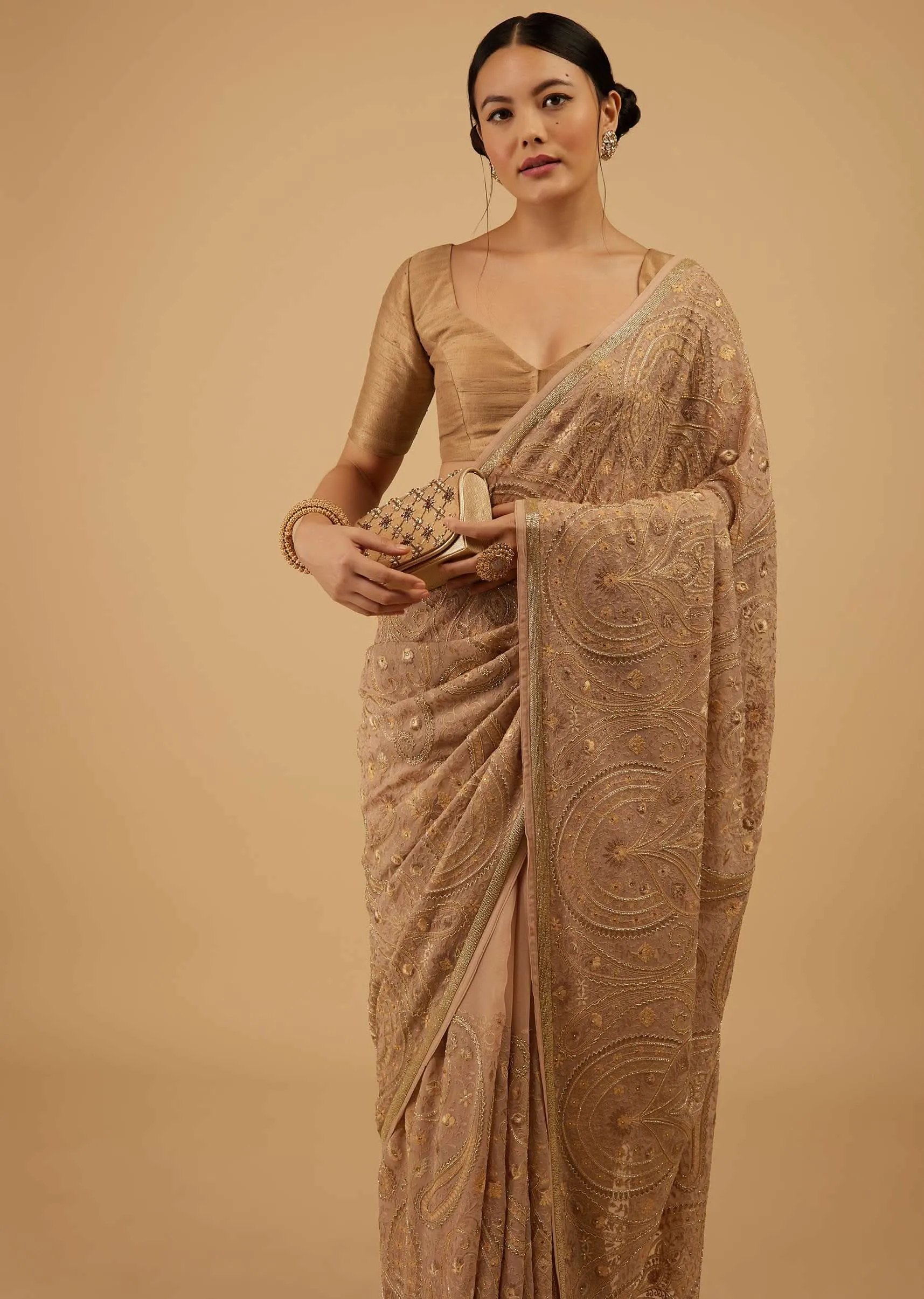 Beige Brown Saree Kashmiri Embroidered In Georgette