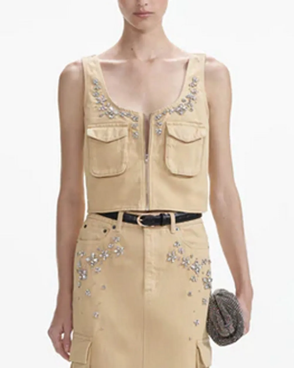 Beige Embellished Denim Cargo Top