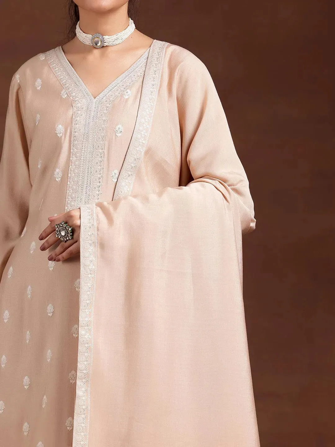 Beige Embroidered Silk Blend Straight Suit With Dupatta