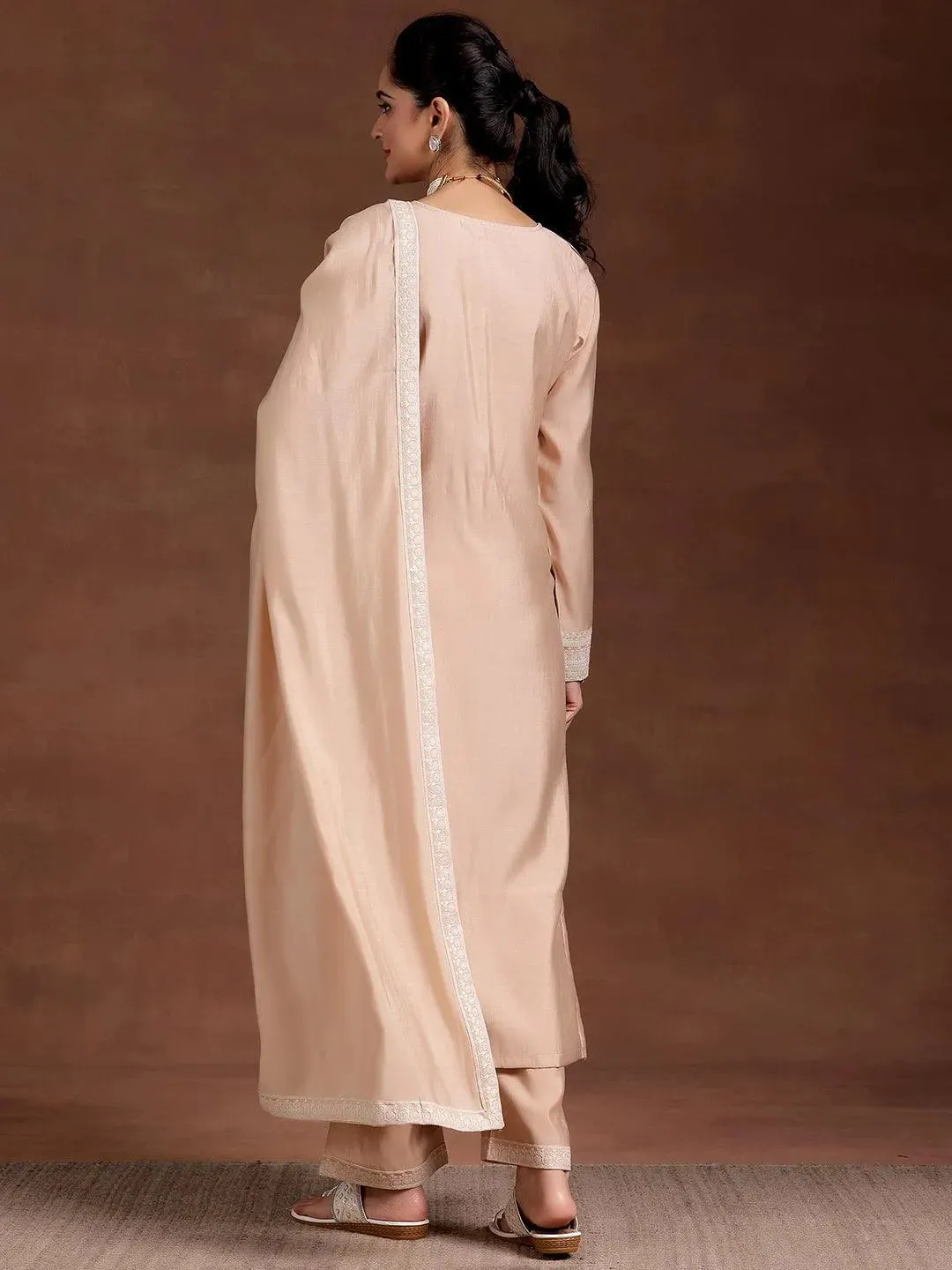 Beige Embroidered Silk Blend Straight Suit With Dupatta