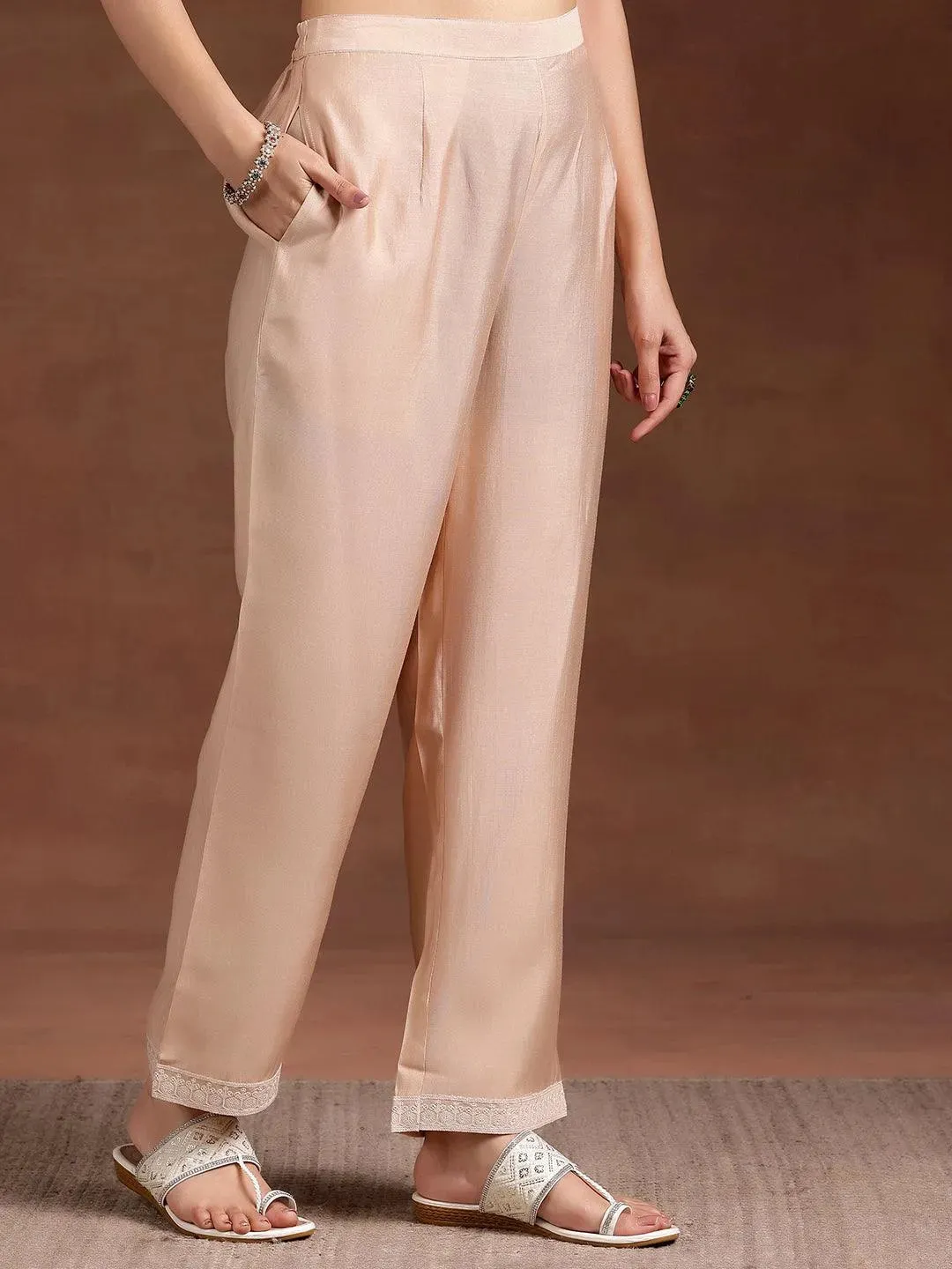 Beige Embroidered Silk Blend Straight Suit With Dupatta