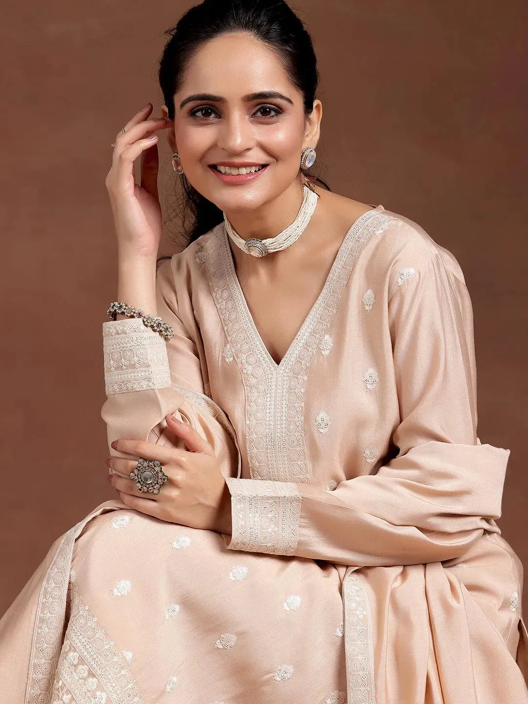 Beige Embroidered Silk Blend Straight Suit With Dupatta