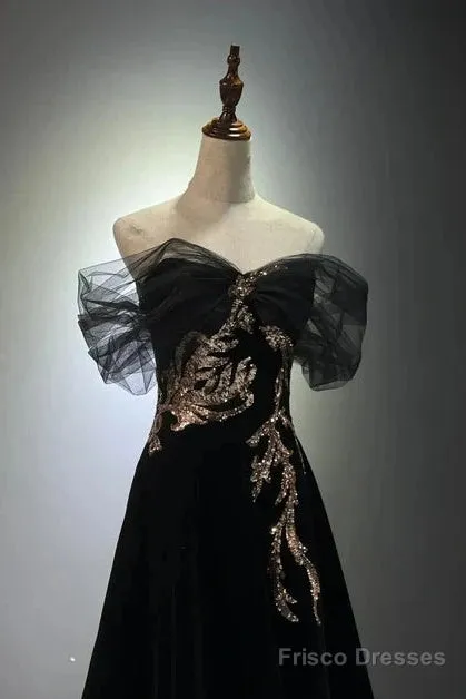 Black A-Line Off Shoulder Tulle Velvet Long Prom Dress,Sequin Formal Evening Dress