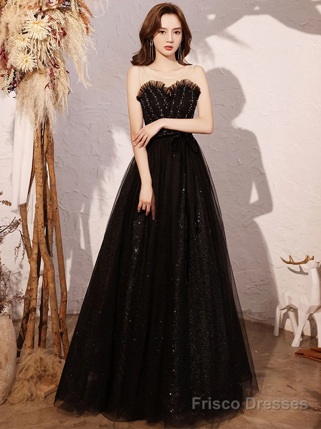 Black A Line Sequin Long Prom Dress, Black Evening Dress
