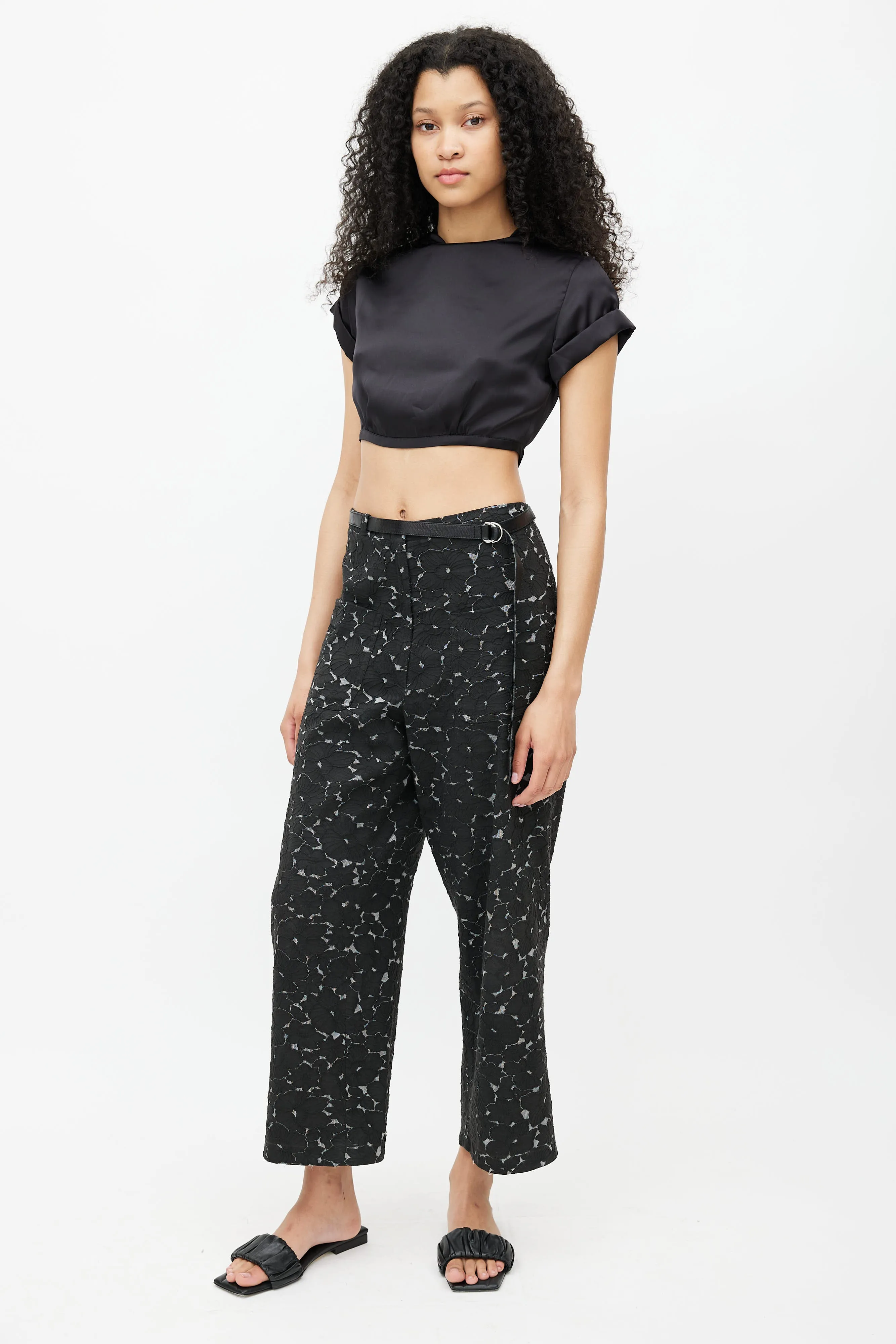 Black & Grey Floral Belted Trouser