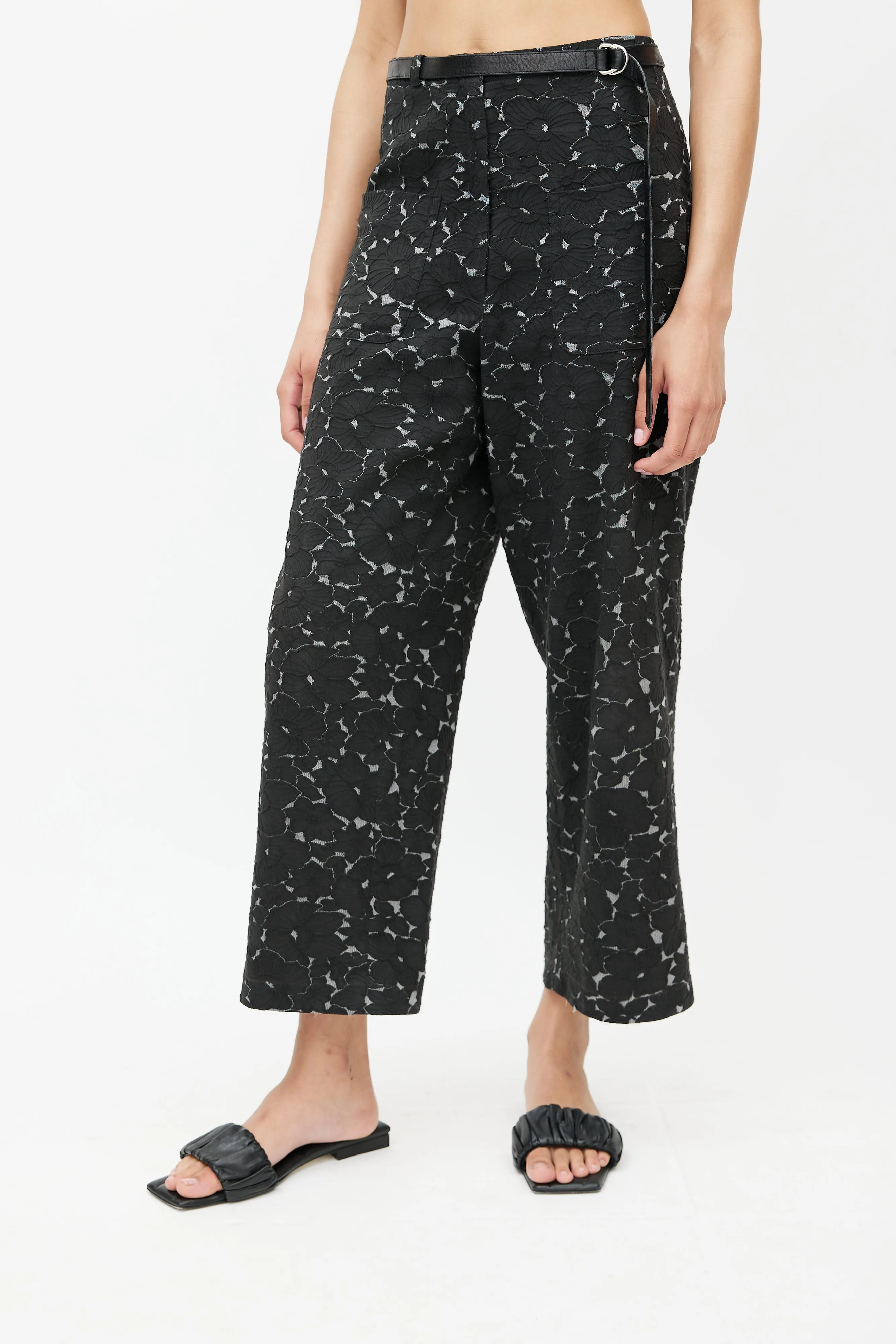 Black & Grey Floral Belted Trouser
