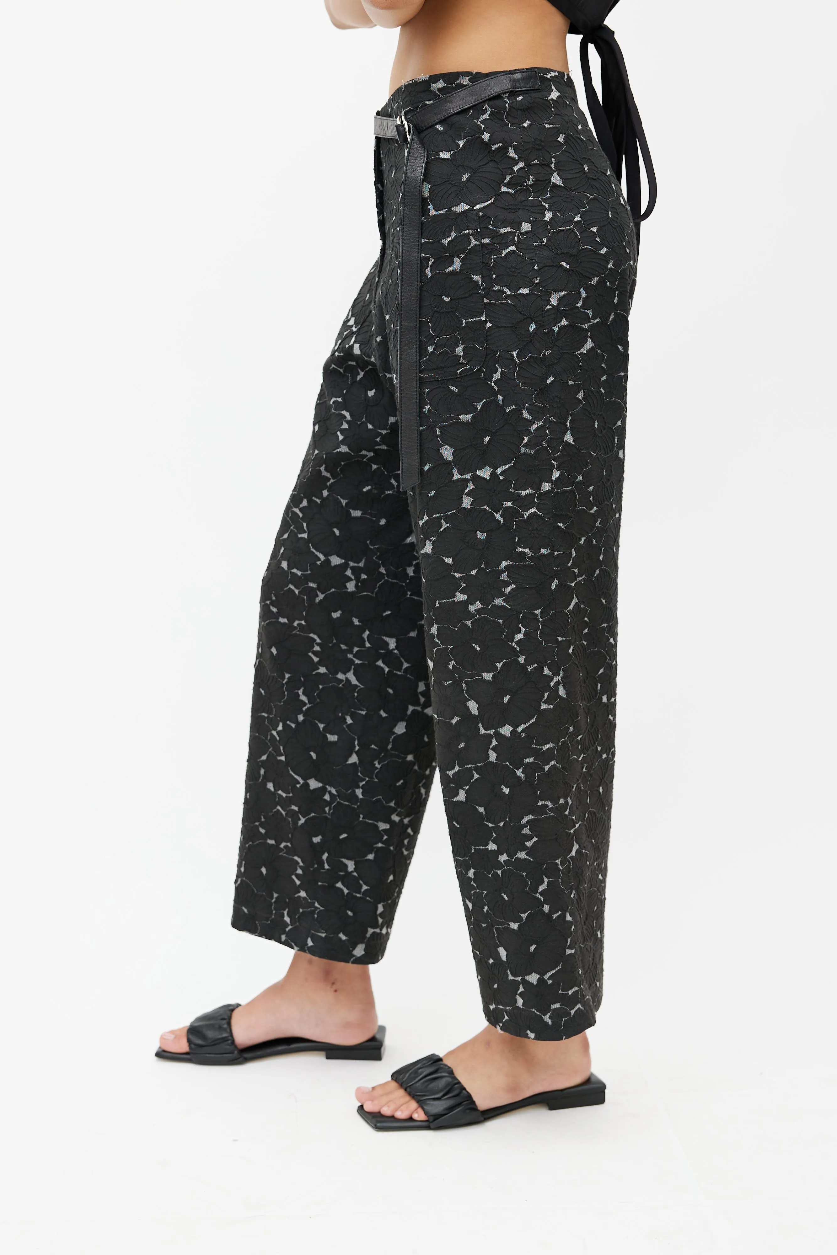 Black & Grey Floral Belted Trouser