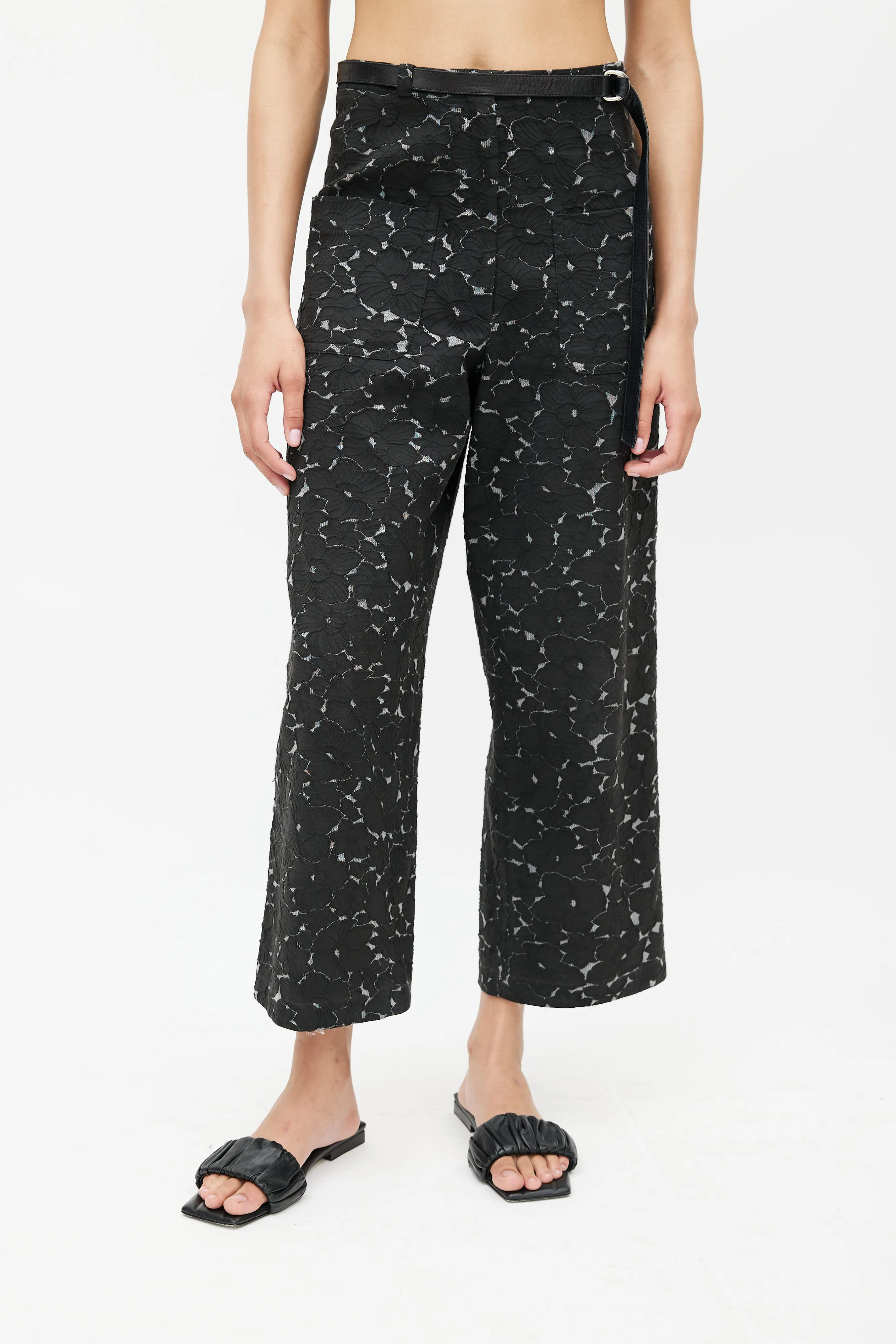 Black & Grey Floral Belted Trouser