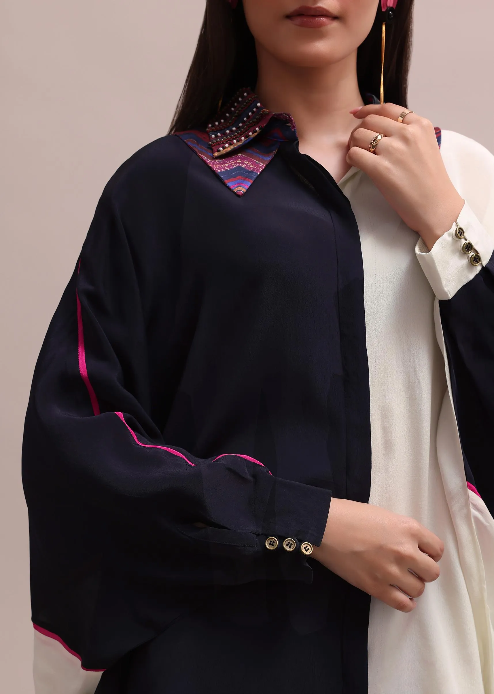 Black And White Color Block Kurta With Embroidered Collar And Striped Crepe Pants Set