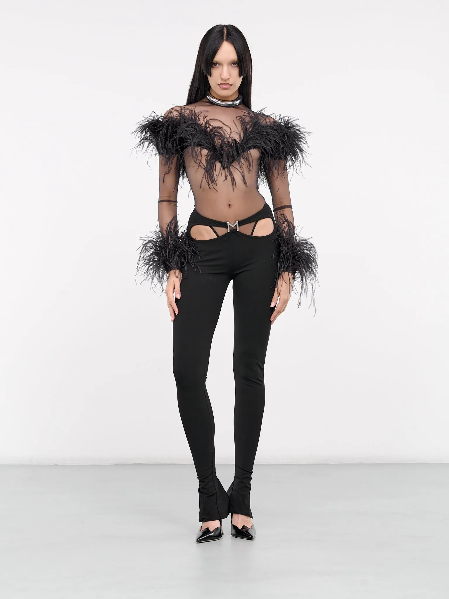 Black Feather Sheer Bodysuit (24P1BO0229580-BLACK)