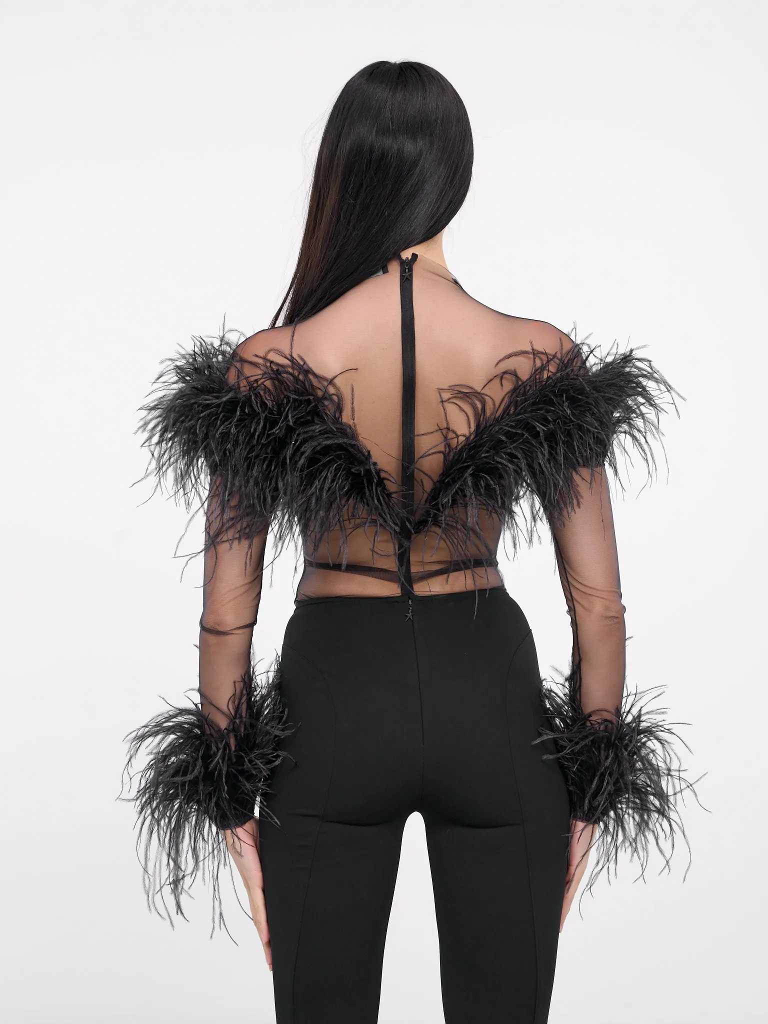 Black Feather Sheer Bodysuit (24P1BO0229580-BLACK)