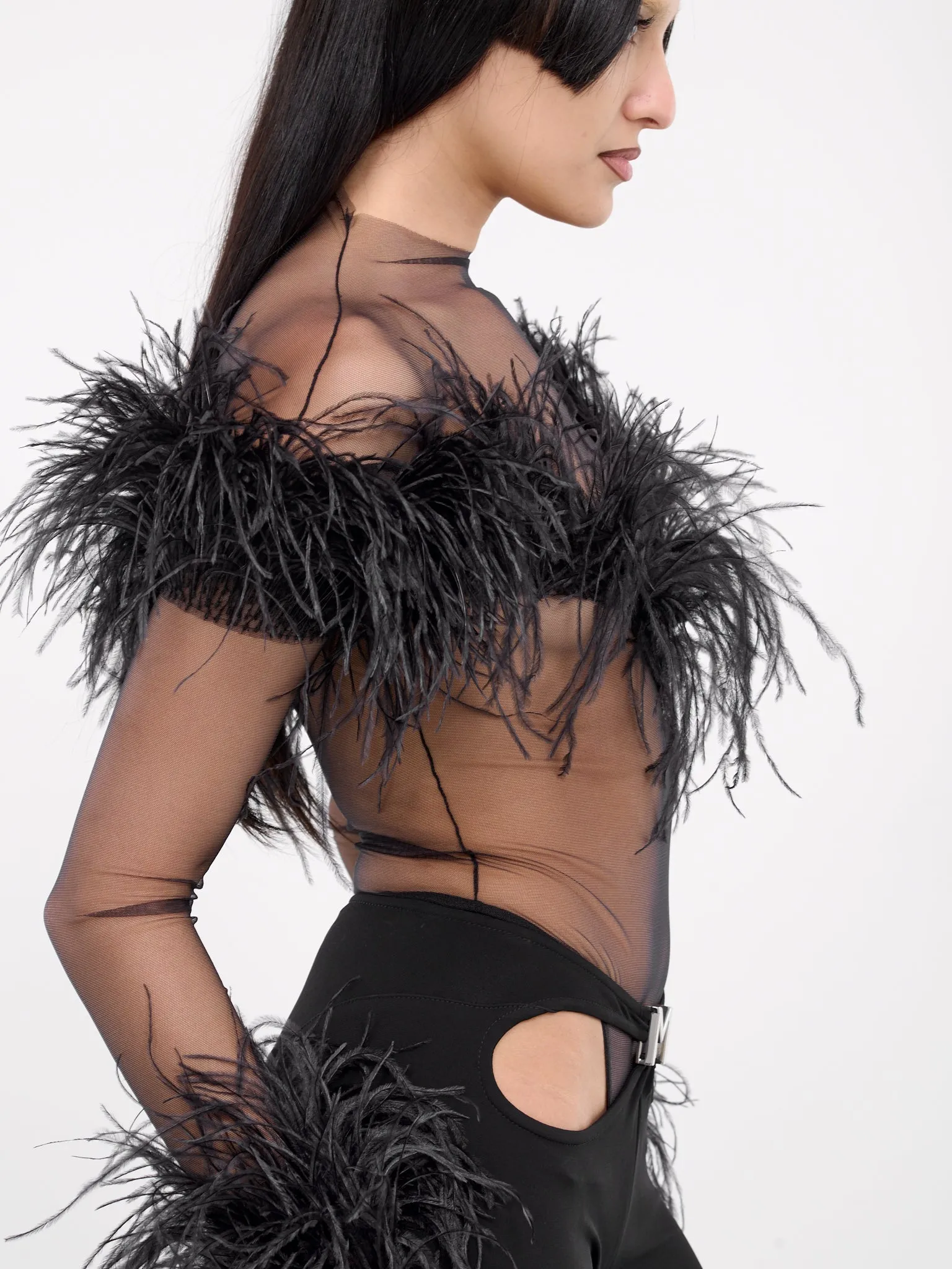 Black Feather Sheer Bodysuit (24P1BO0229580-BLACK)