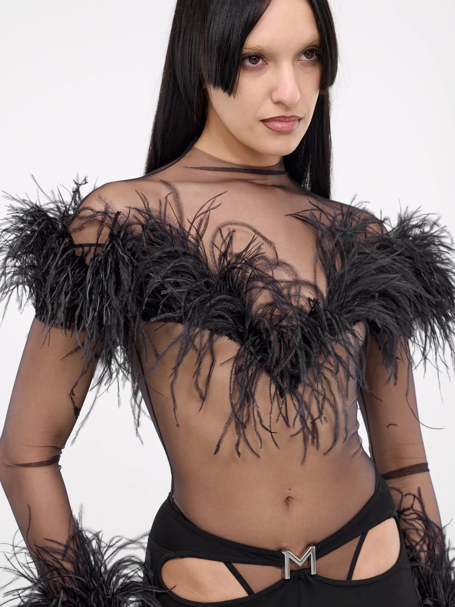 Black Feather Sheer Bodysuit (24P1BO0229580-BLACK)