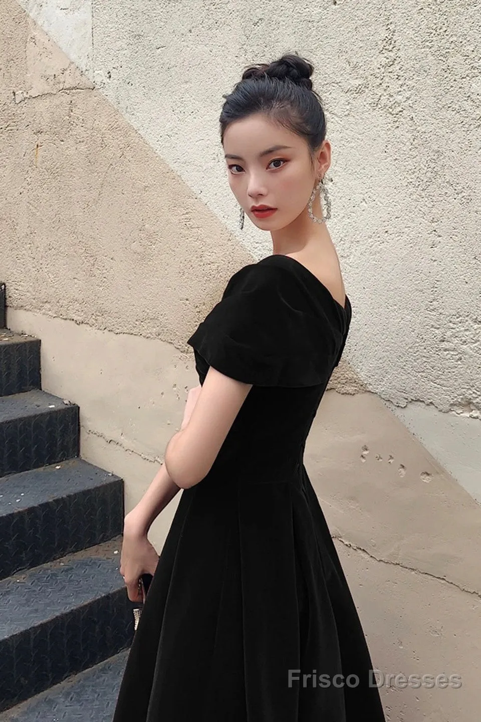 Black V-Neck Velvet Floor Length Prom Dress, Black Evening Party Dress