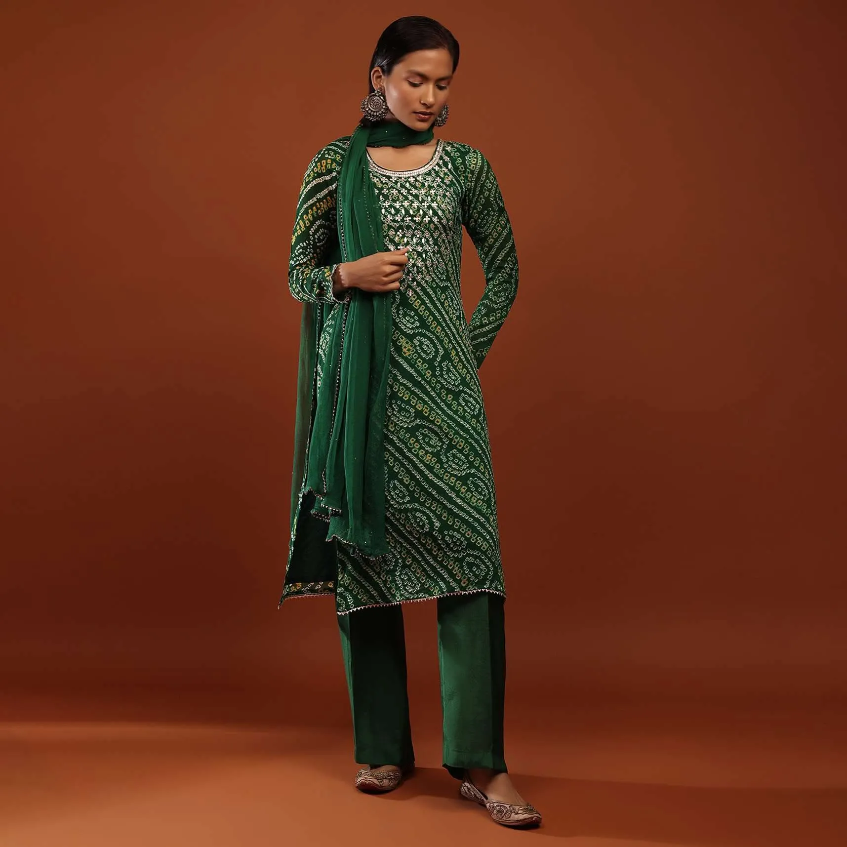 Bottle Green Straight Cut Suit In Georgette With Bandhani Print And Gotta Embroidered Yoke