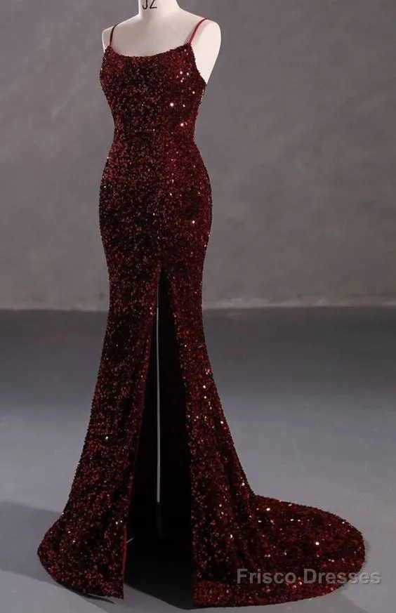 Burgundy Sequin Mermaid Backless Prom Dress Long Evening Dress