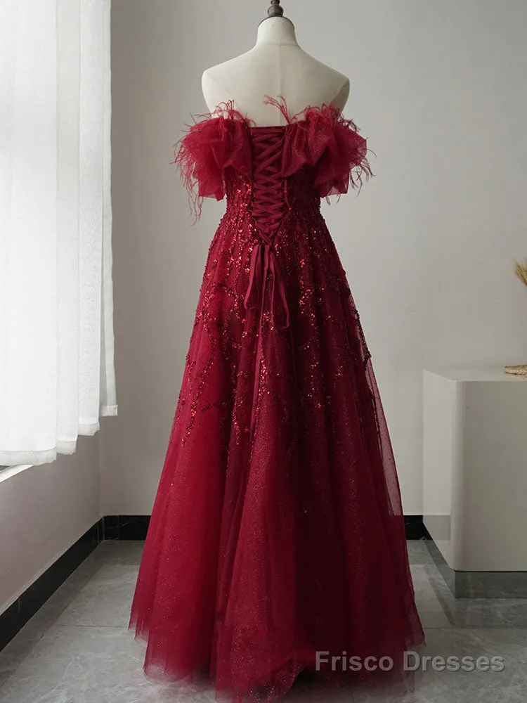 Burgundy Tulle Sequin Long Prom Dress, Burgundy Evening Dress