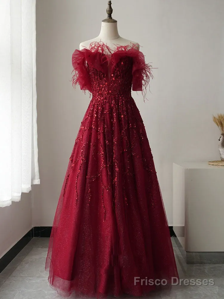 Burgundy Tulle Sequin Long Prom Dress, Burgundy Evening Dress