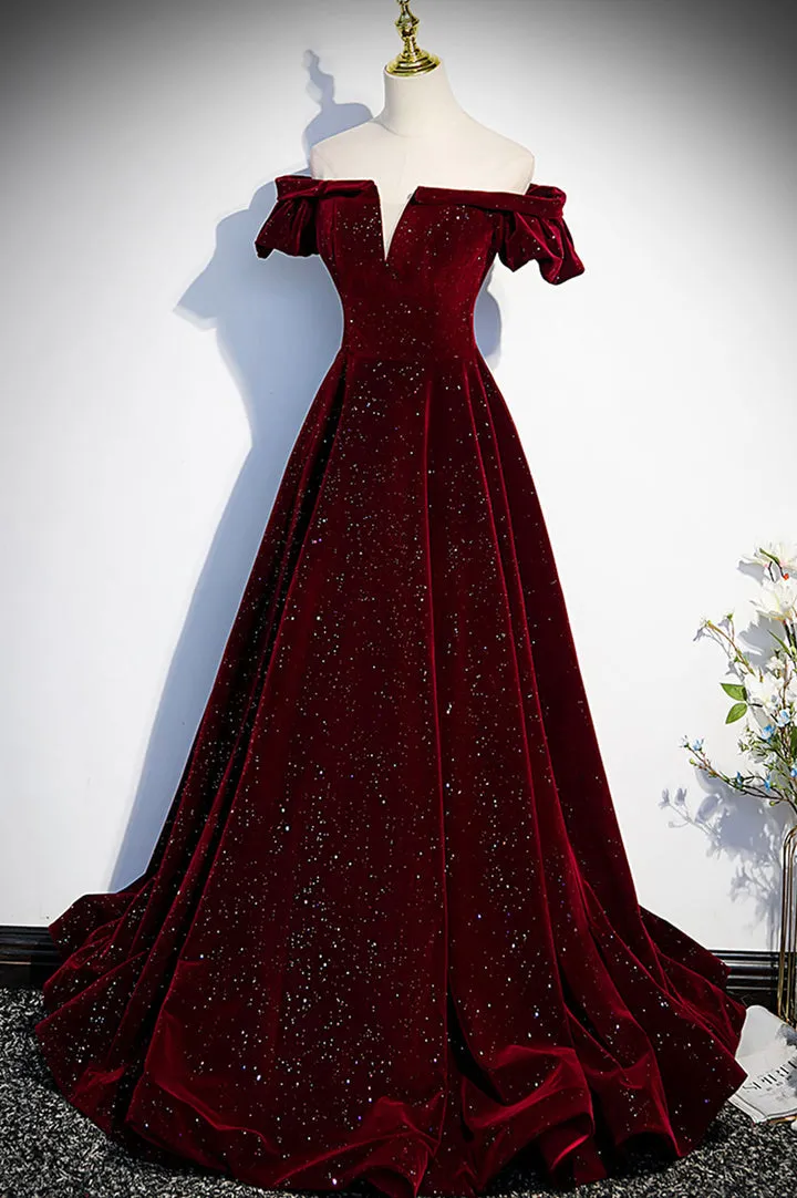 Burgundy Velvet Long Prom Dresses Off the Shoulder Formal Evening Dresses Sparkly