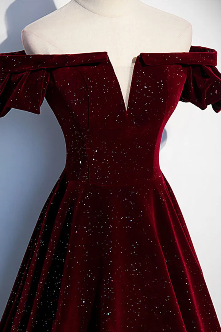 Burgundy Velvet Long Prom Dresses Off the Shoulder Formal Evening Dresses Sparkly