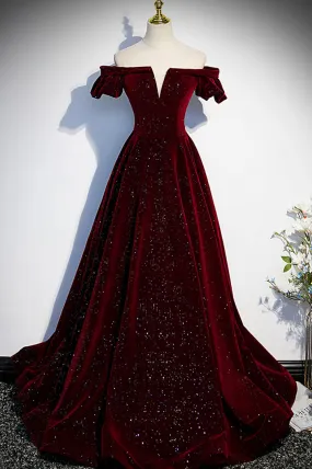 Burgundy Velvet Long Prom Dresses Off the Shoulder Formal Evening Dresses Sparkly