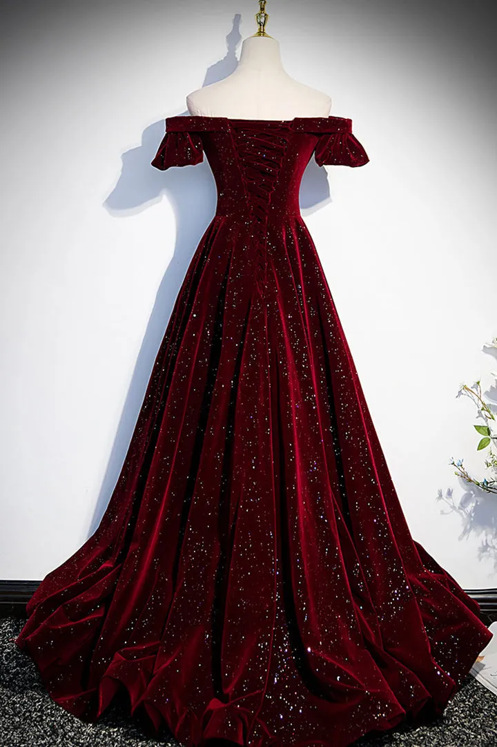 Burgundy Velvet Long Prom Dresses Off the Shoulder Formal Evening Dresses Sparkly